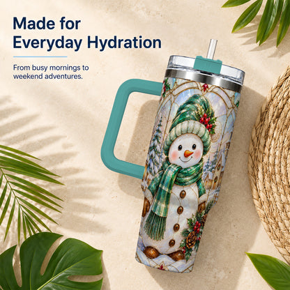#pl[40oz|Green] Snowman 40oz Tumbler with Handle, Stained Glass Style Stainless Steel Cup