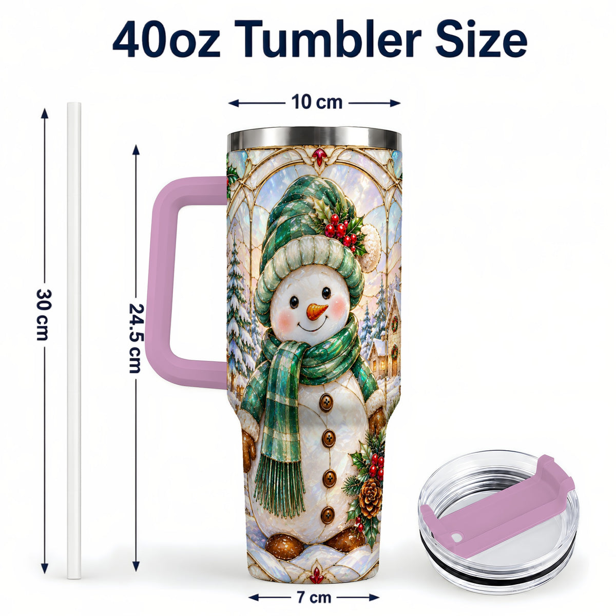 #pl[40oz|Pink] Snowman 40oz Tumbler with Handle, Stained Glass Style Stainless Steel Cup