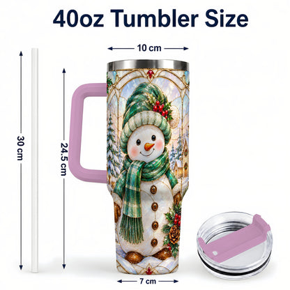 #pl[40oz|Pink] Snowman 40oz Tumbler with Handle, Stained Glass Style Stainless Steel Cup
