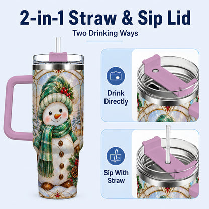 #pl[40oz|Pink] Snowman 40oz Tumbler with Handle, Stained Glass Style Stainless Steel Cup