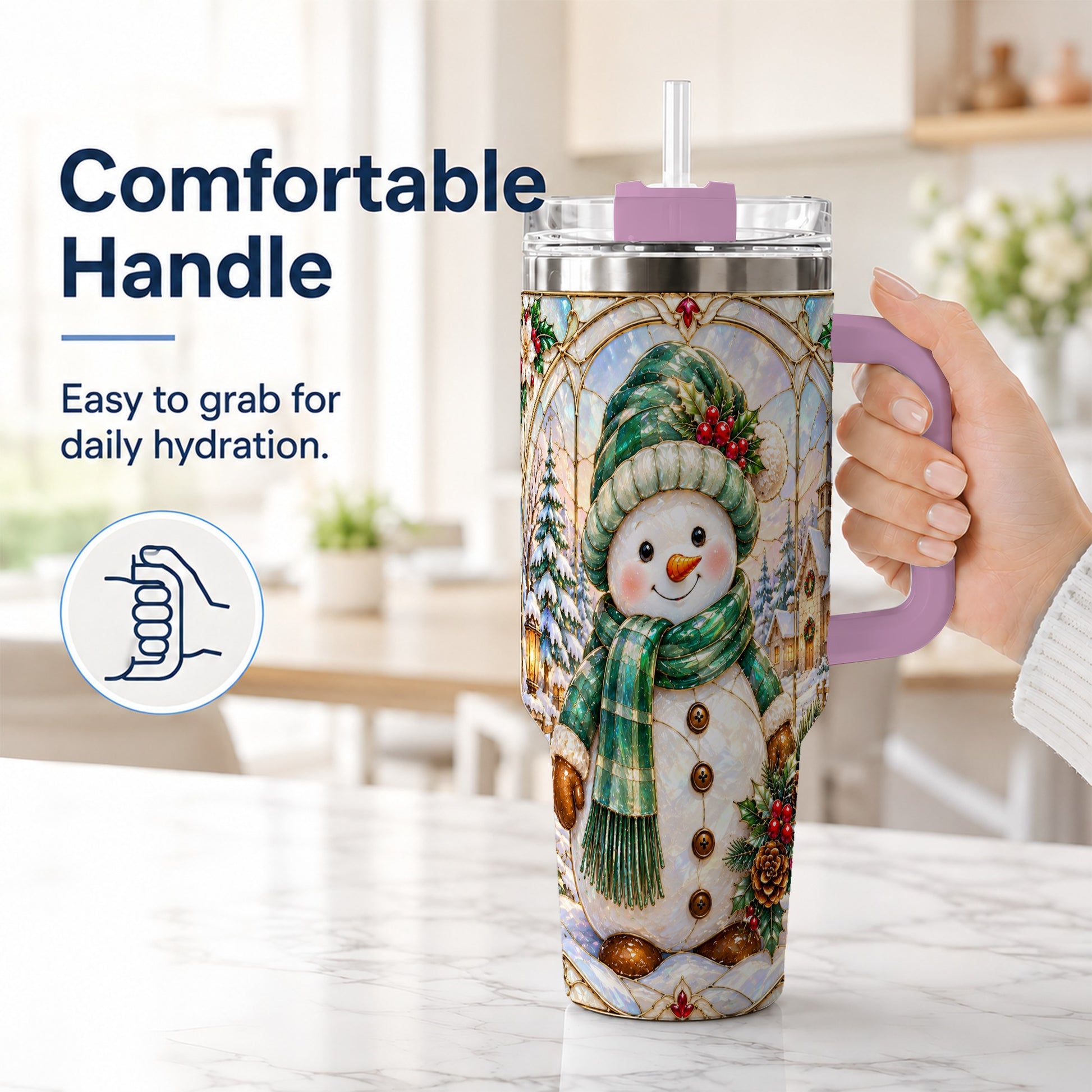 #pl[40oz|Pink] Snowman 40oz Tumbler with Handle, Stained Glass Style Stainless Steel Cup