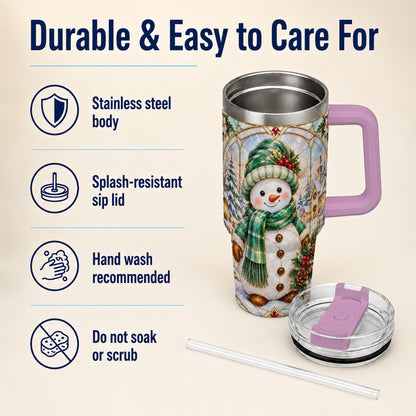 #pl[40oz|Pink] Snowman 40oz Tumbler with Handle, Stained Glass Style Stainless Steel Cup