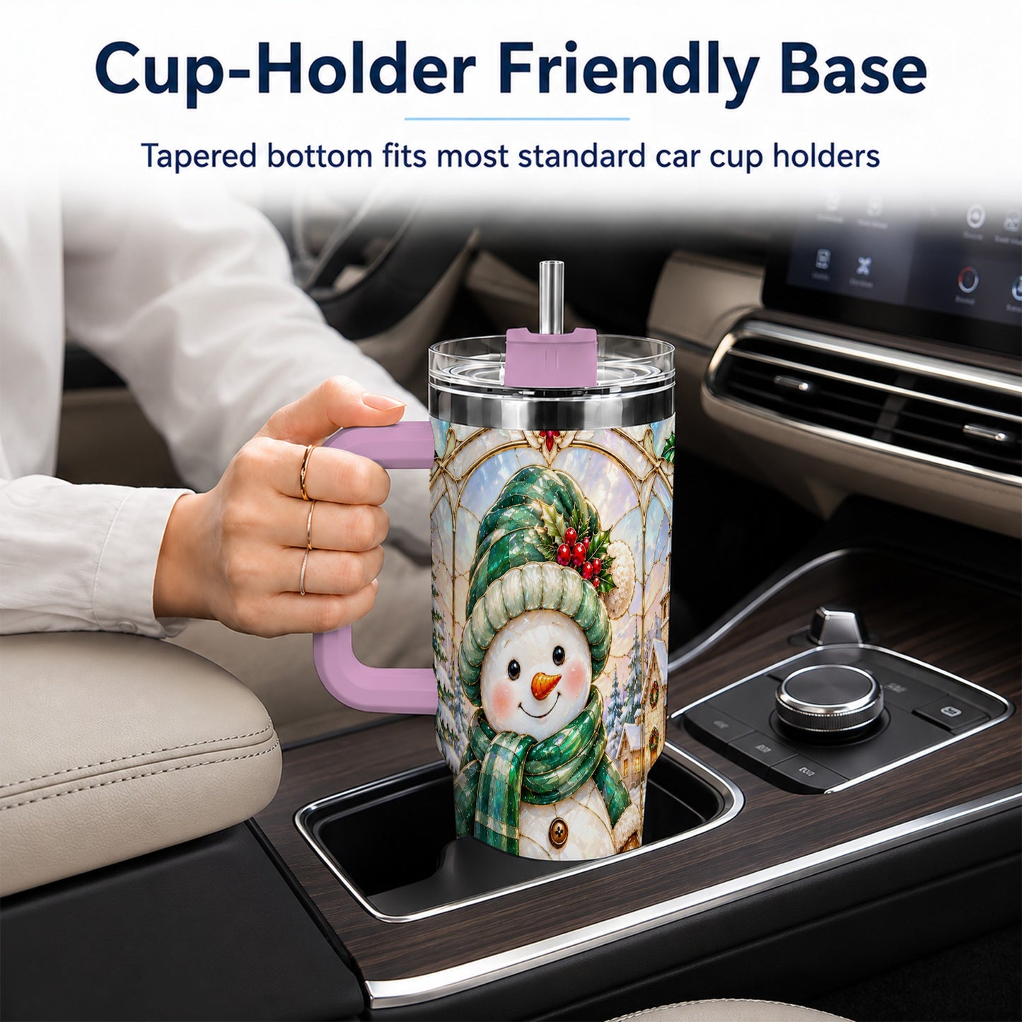 #pl[40oz|Pink] Snowman 40oz Tumbler with Handle, Stained Glass Style Stainless Steel Cup