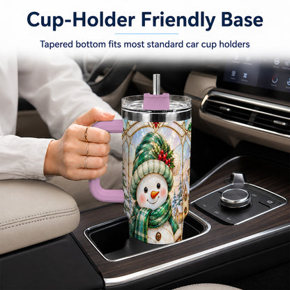 #pl[40oz|Pink] Snowman 40oz Tumbler with Handle, Stained Glass Style Stainless Steel Cup