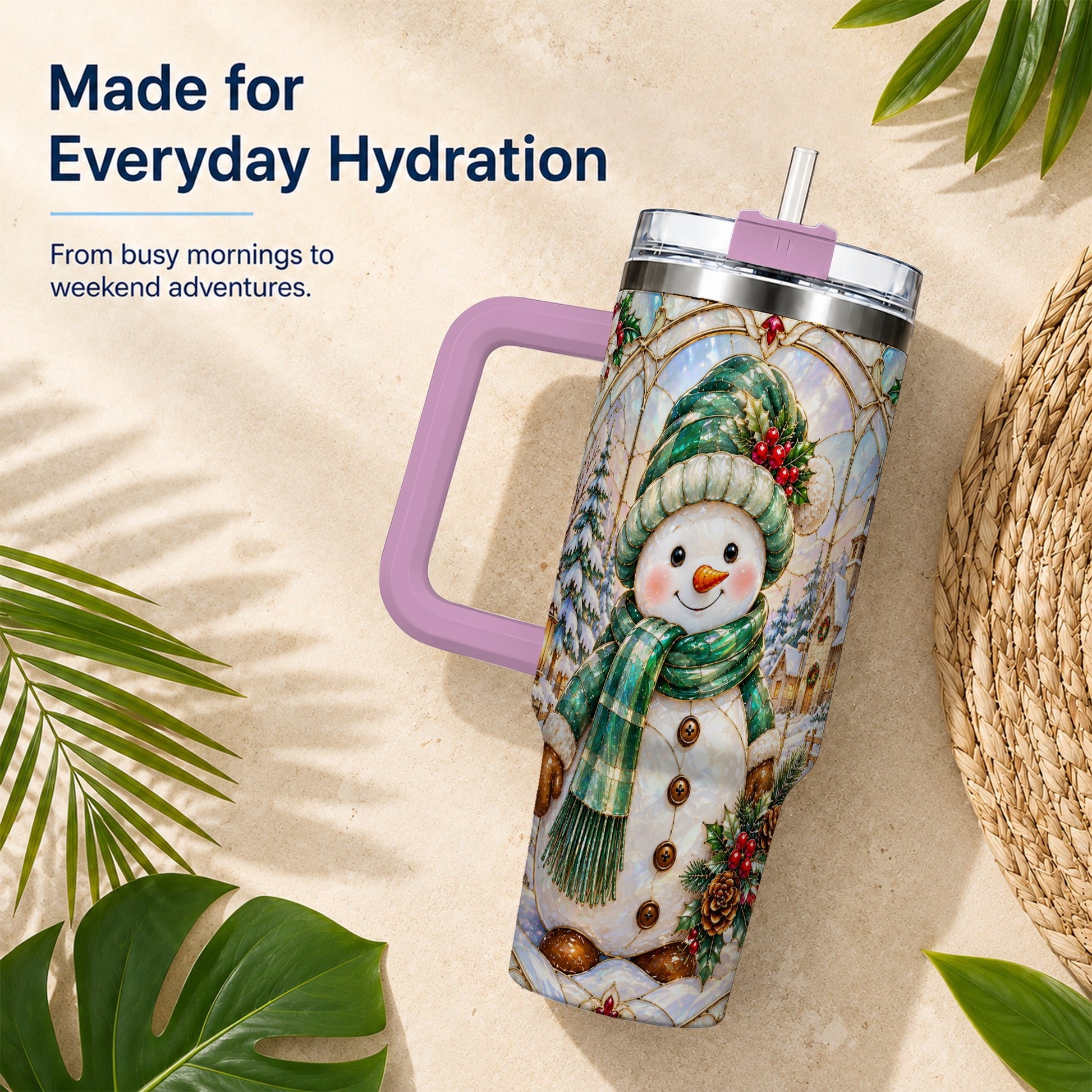 #pl[40oz|Pink] Snowman 40oz Tumbler with Handle, Stained Glass Style Stainless Steel Cup
