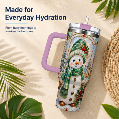 #pl[40oz|Pink] Snowman 40oz Tumbler with Handle, Stained Glass Style Stainless Steel Cup