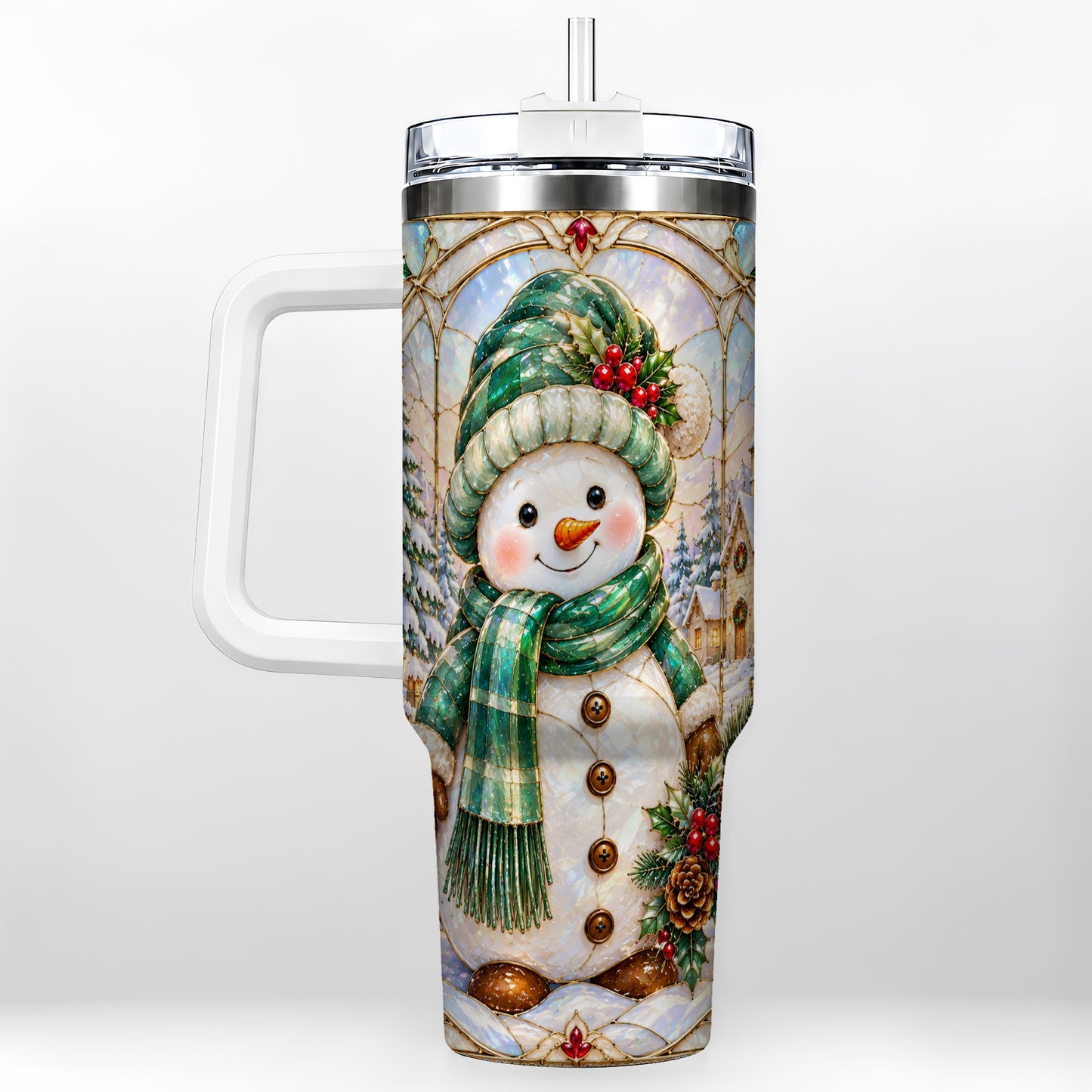Snowman 40oz Tumbler with Handle, Stained Glass Style Stainless Steel Cup