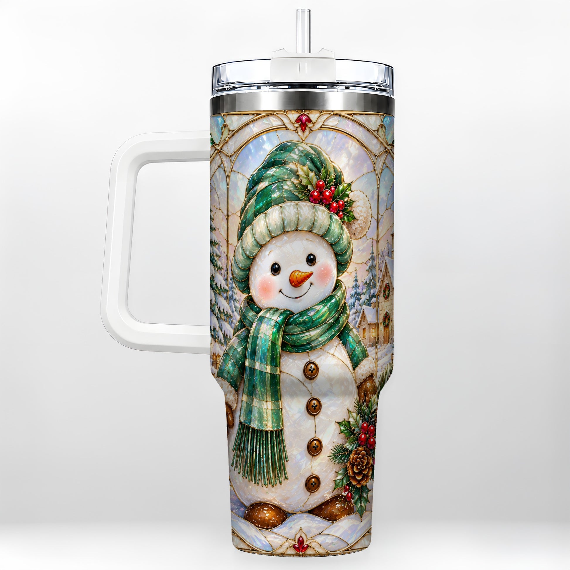 Snowman 40oz Tumbler with Handle, Stained Glass Style Stainless Steel Cup
