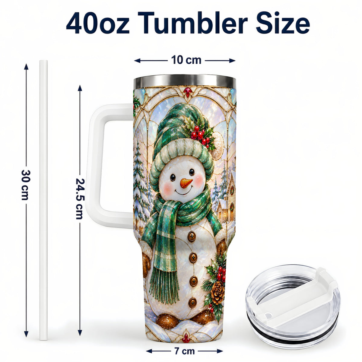 #pl[40oz|White] Snowman 40oz Tumbler with Handle, Stained Glass Style Stainless Steel Cup