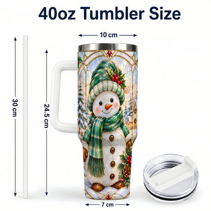 #pl[40oz|White] Snowman 40oz Tumbler with Handle, Stained Glass Style Stainless Steel Cup