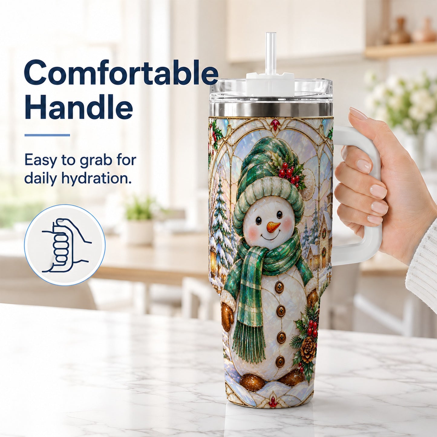 #pl[40oz|White] Snowman 40oz Tumbler with Handle, Stained Glass Style Stainless Steel Cup