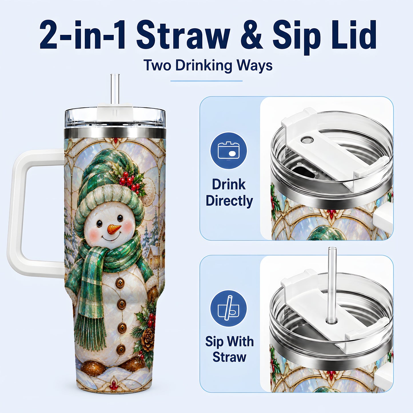 #pl[40oz|White] Snowman 40oz Tumbler with Handle, Stained Glass Style Stainless Steel Cup