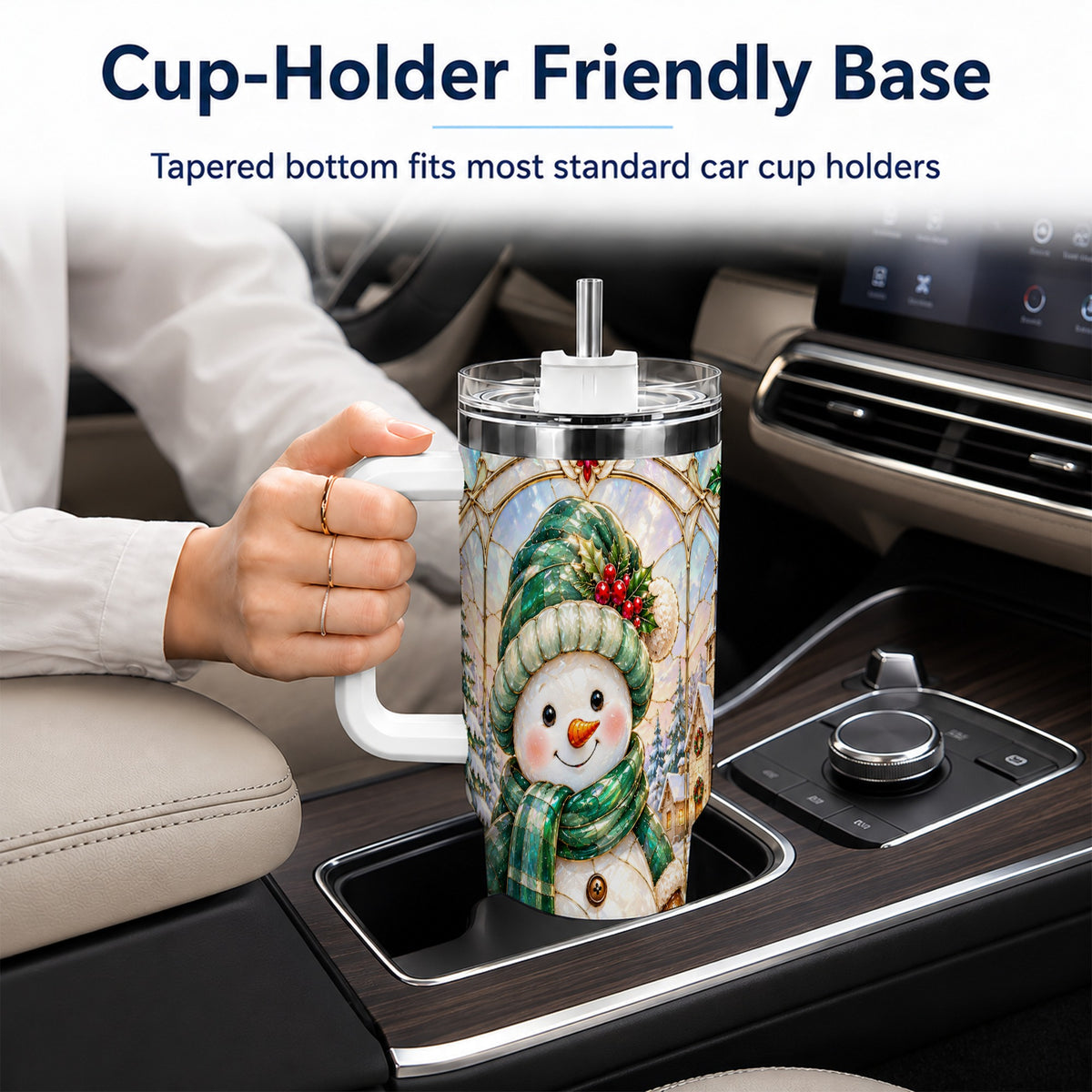 #pl[40oz|White] Snowman 40oz Tumbler with Handle, Stained Glass Style Stainless Steel Cup
