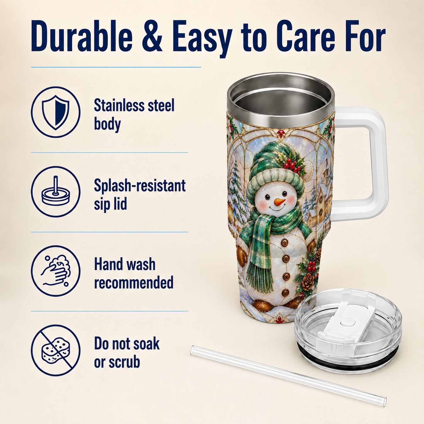 #pl[40oz|White] Snowman 40oz Tumbler with Handle, Stained Glass Style Stainless Steel Cup