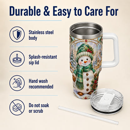#pl[40oz|White] Snowman 40oz Tumbler with Handle, Stained Glass Style Stainless Steel Cup