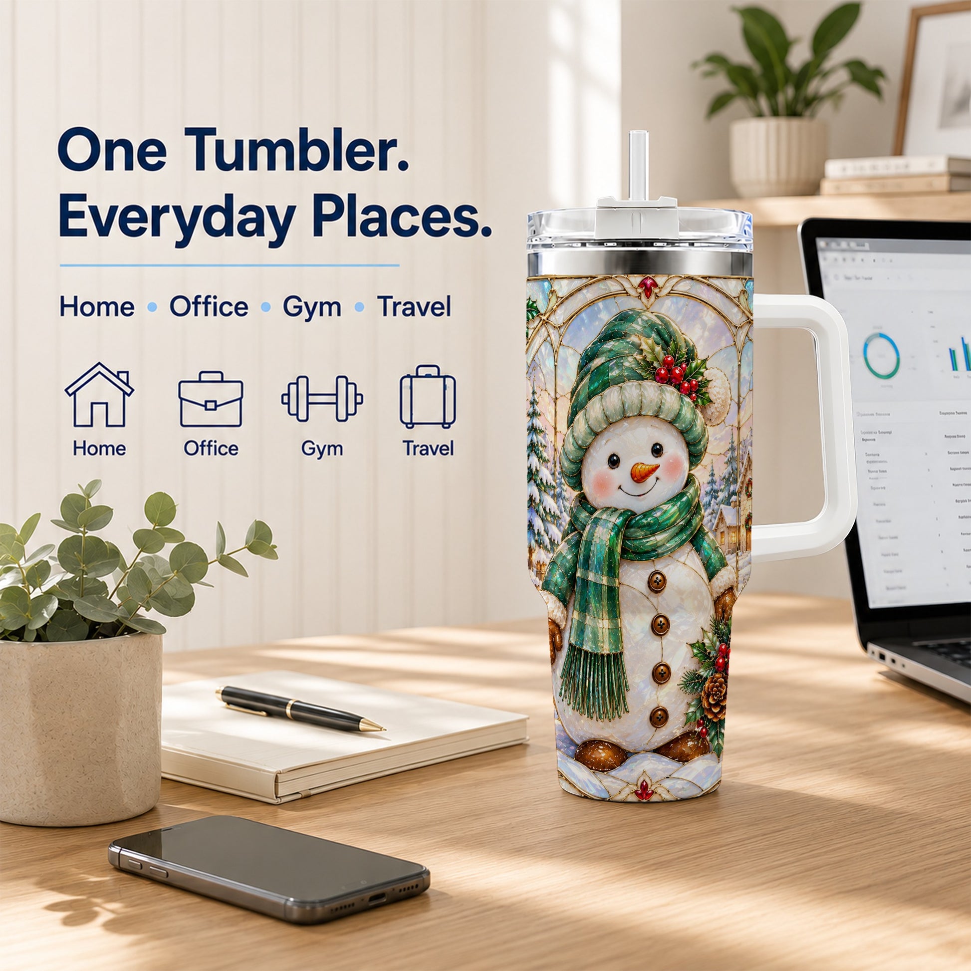 #pl[40oz|White] Snowman 40oz Tumbler with Handle, Stained Glass Style Stainless Steel Cup