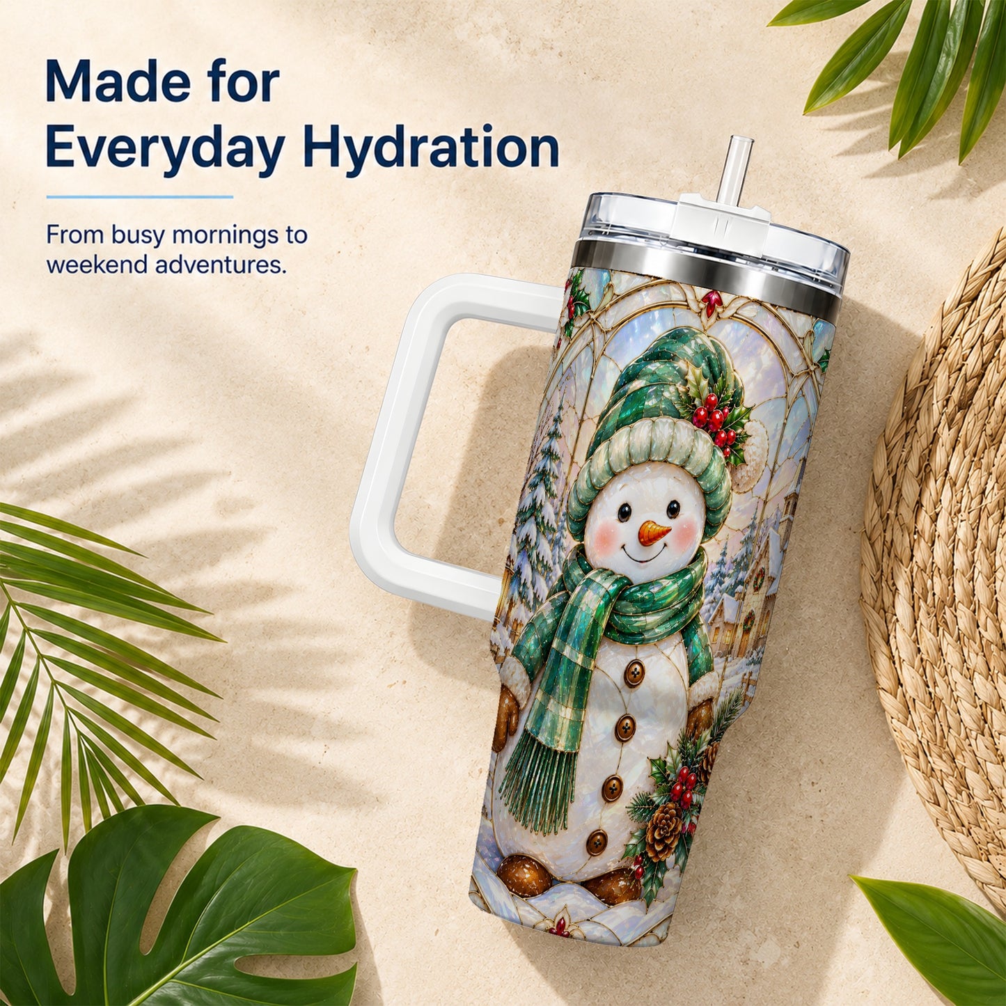 #pl[40oz|White] Snowman 40oz Tumbler with Handle, Stained Glass Style Stainless Steel Cup