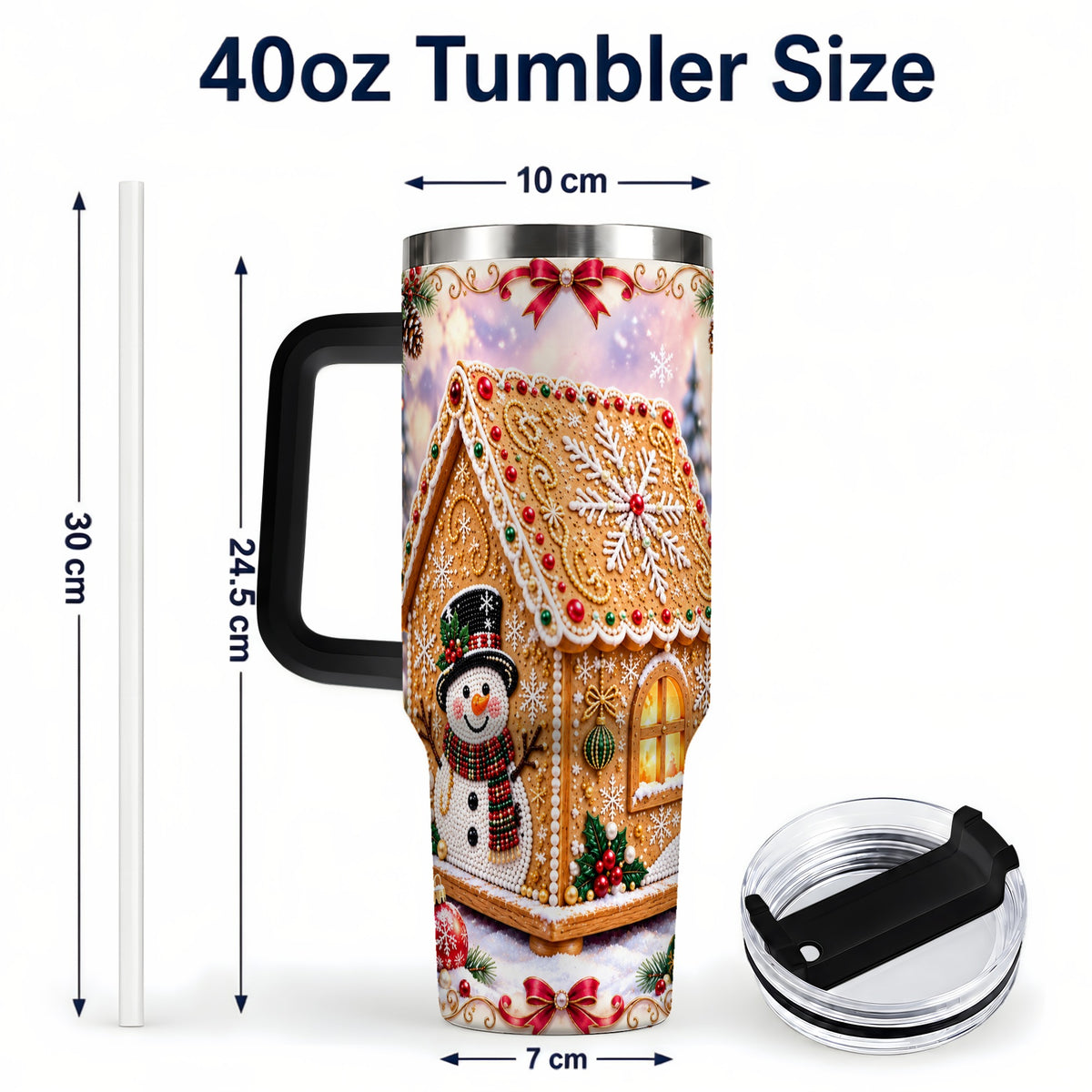#pl[40oz|Black] Gingerbread House 40oz Tumbler with Handle, Christmas Stainless Steel Cup