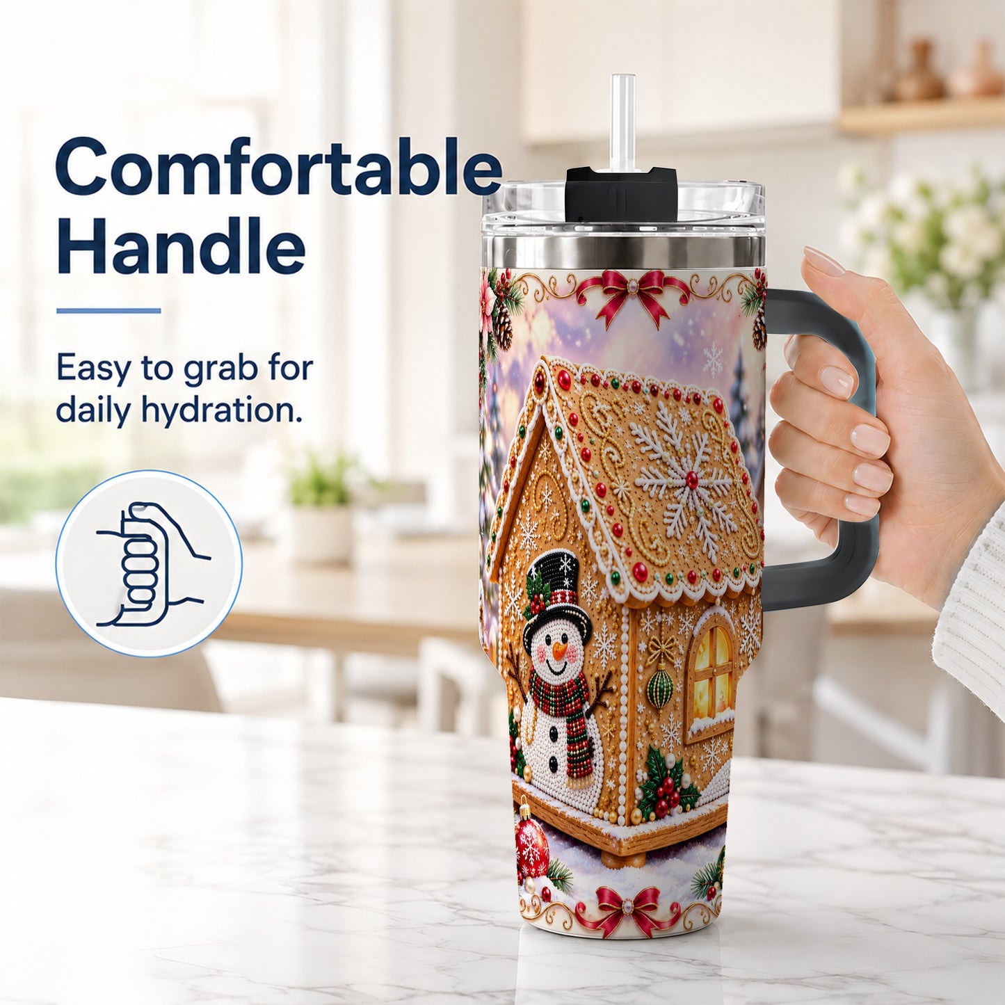 #pl[40oz|Black] Gingerbread House 40oz Tumbler with Handle, Christmas Stainless Steel Cup