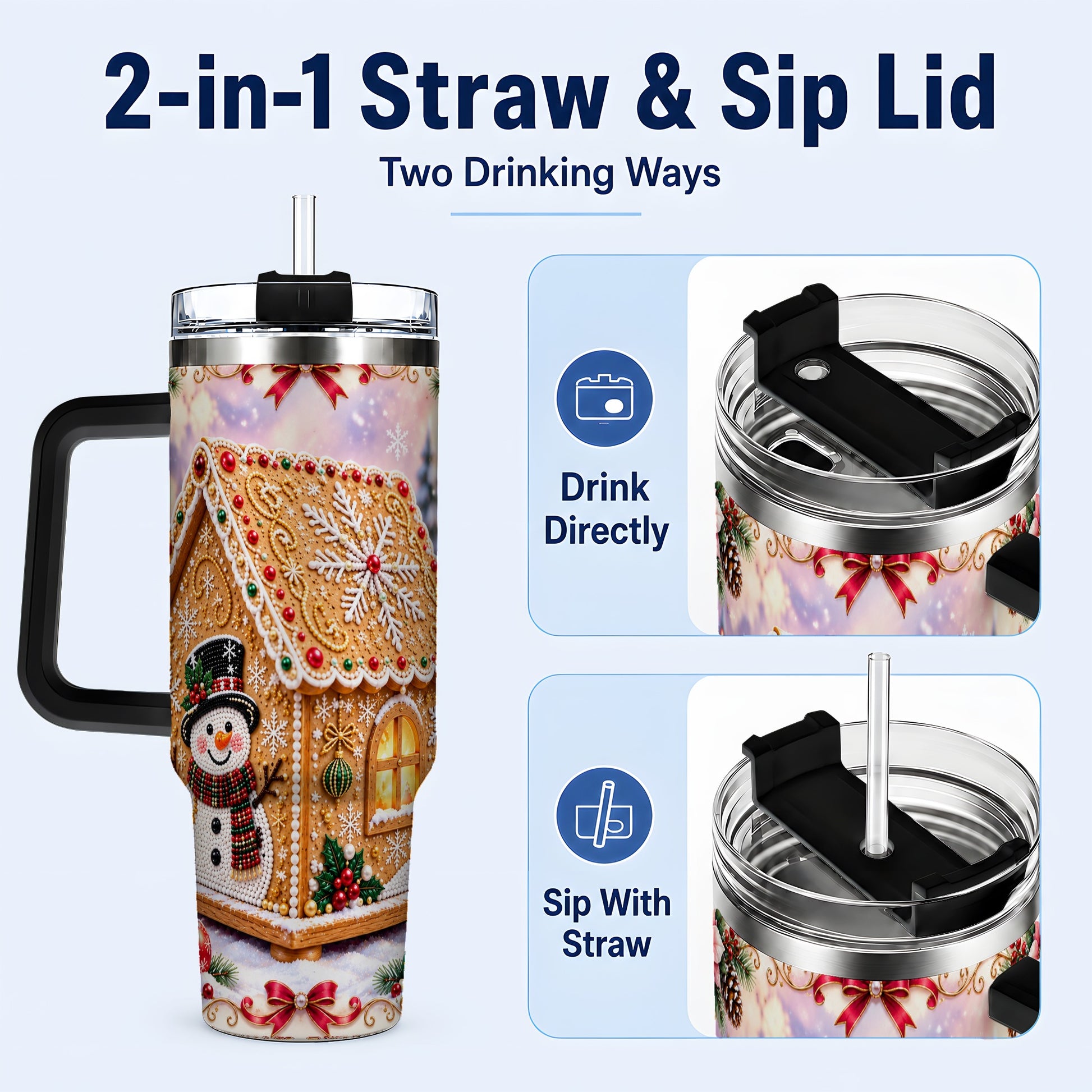 #pl[40oz|Black] Gingerbread House 40oz Tumbler with Handle, Christmas Stainless Steel Cup