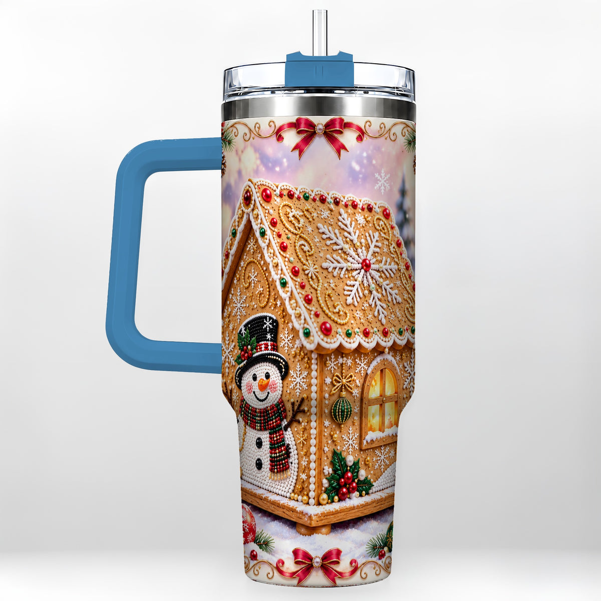 #pl[40oz|Blue] Gingerbread House 40oz Tumbler with Handle, Christmas Stainless Steel Cup