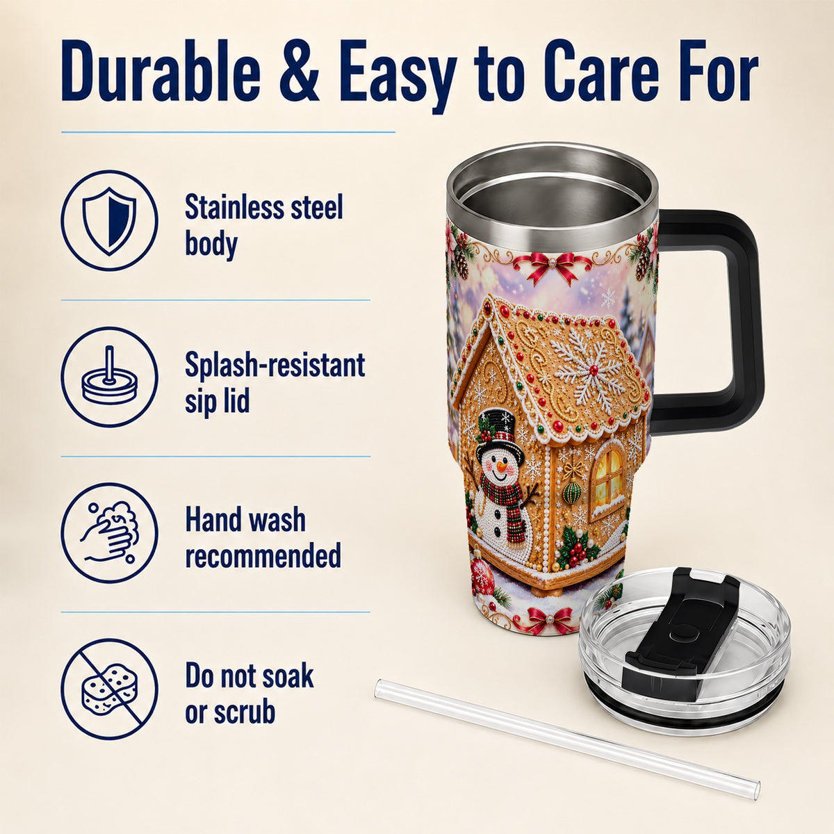 #pl[40oz|Black] Gingerbread House 40oz Tumbler with Handle, Christmas Stainless Steel Cup