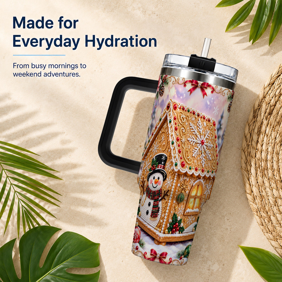 #pl[40oz|Black] Gingerbread House 40oz Tumbler with Handle, Christmas Stainless Steel Cup