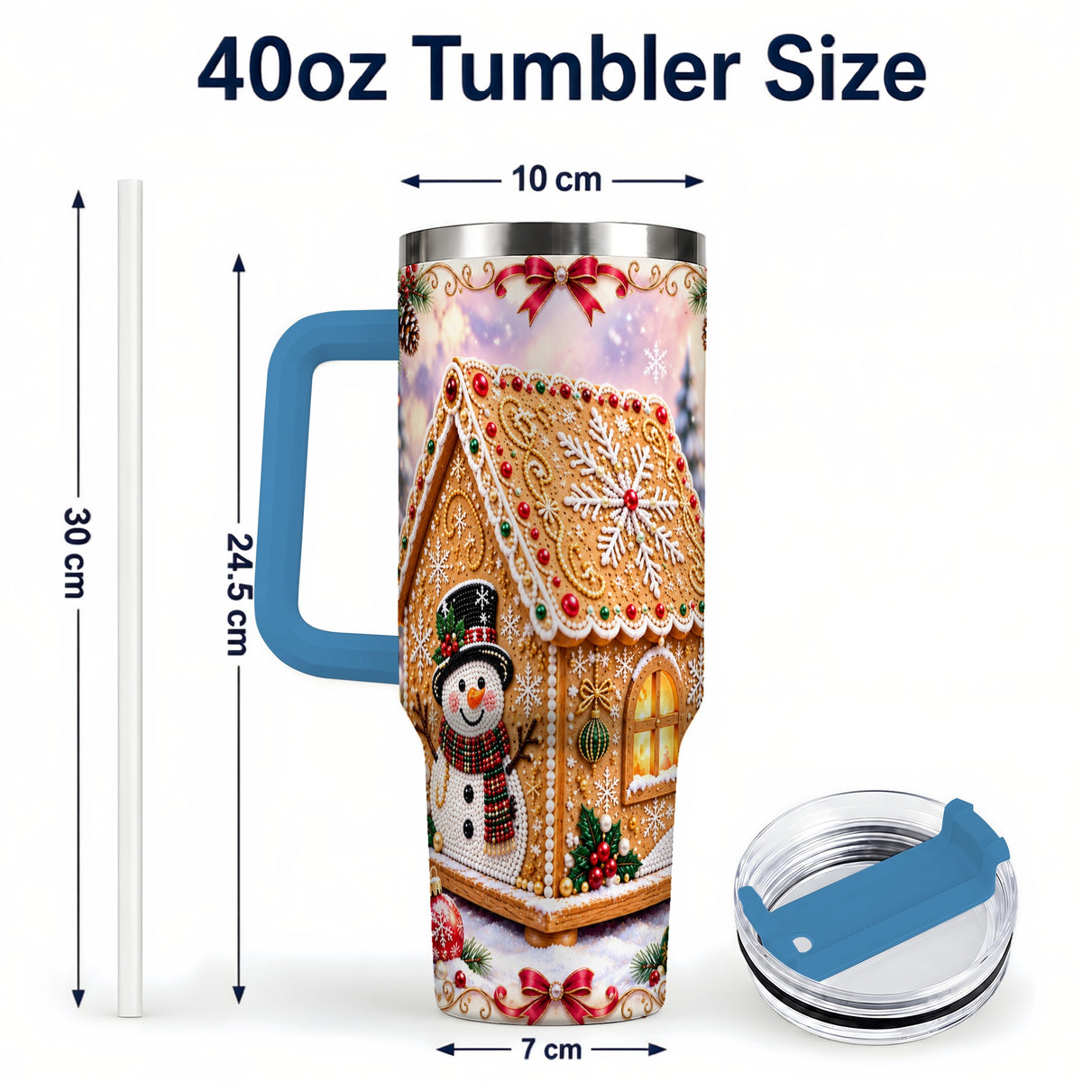 #pl[40oz|Blue] Gingerbread House 40oz Tumbler with Handle, Christmas Stainless Steel Cup