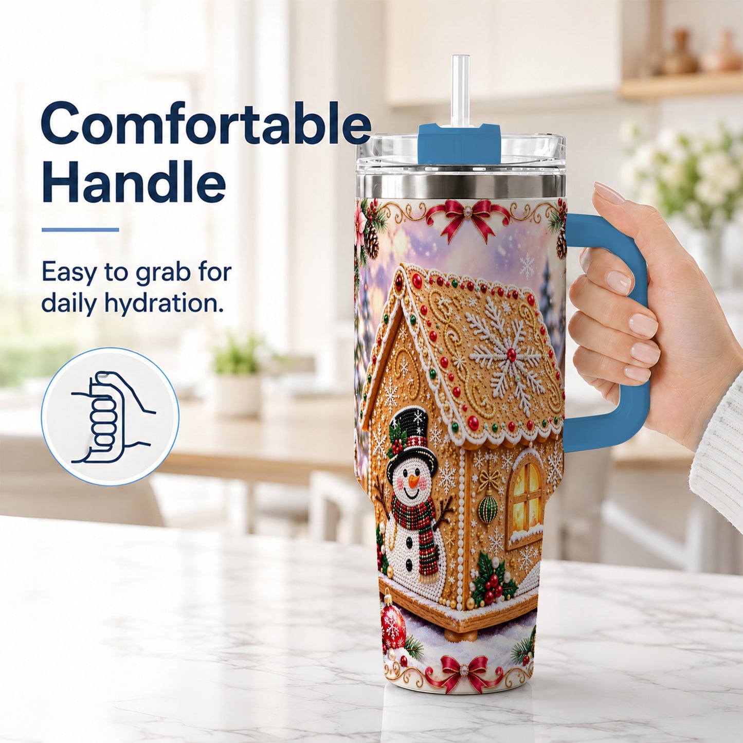 #pl[40oz|Blue] Gingerbread House 40oz Tumbler with Handle, Christmas Stainless Steel Cup
