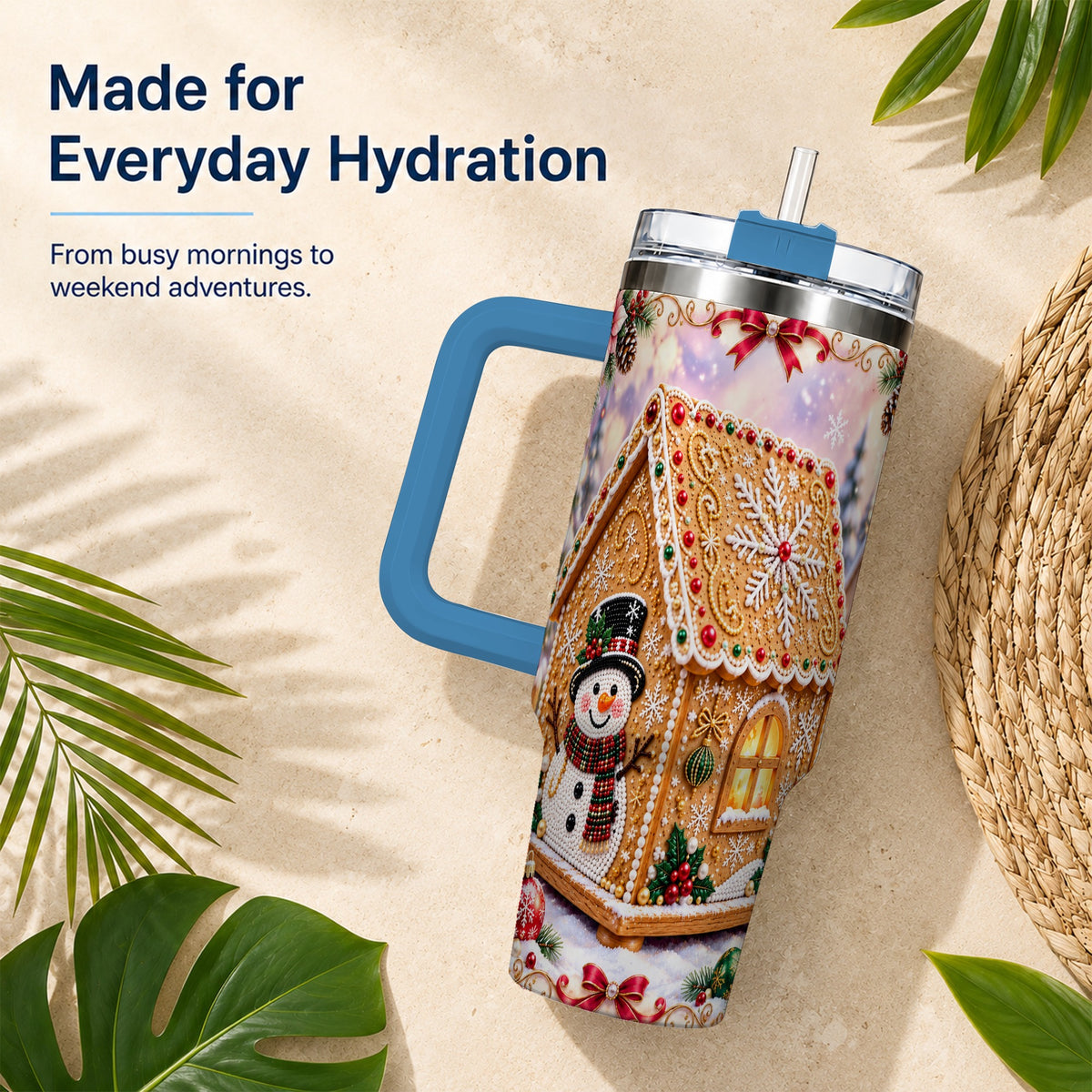 #pl[40oz|Blue] Gingerbread House 40oz Tumbler with Handle, Christmas Stainless Steel Cup