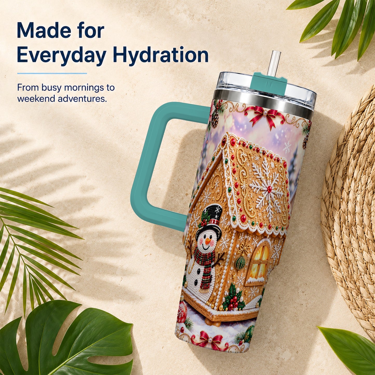 #pl[40oz|Green] Gingerbread House 40oz Tumbler with Handle, Christmas Stainless Steel Cup