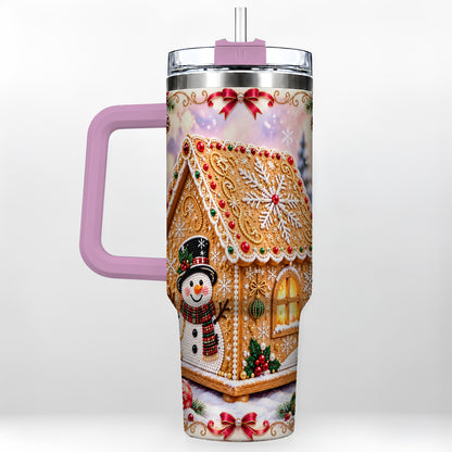 #pl[40oz|Pink] Gingerbread House 40oz Tumbler with Handle, Christmas Stainless Steel Cup