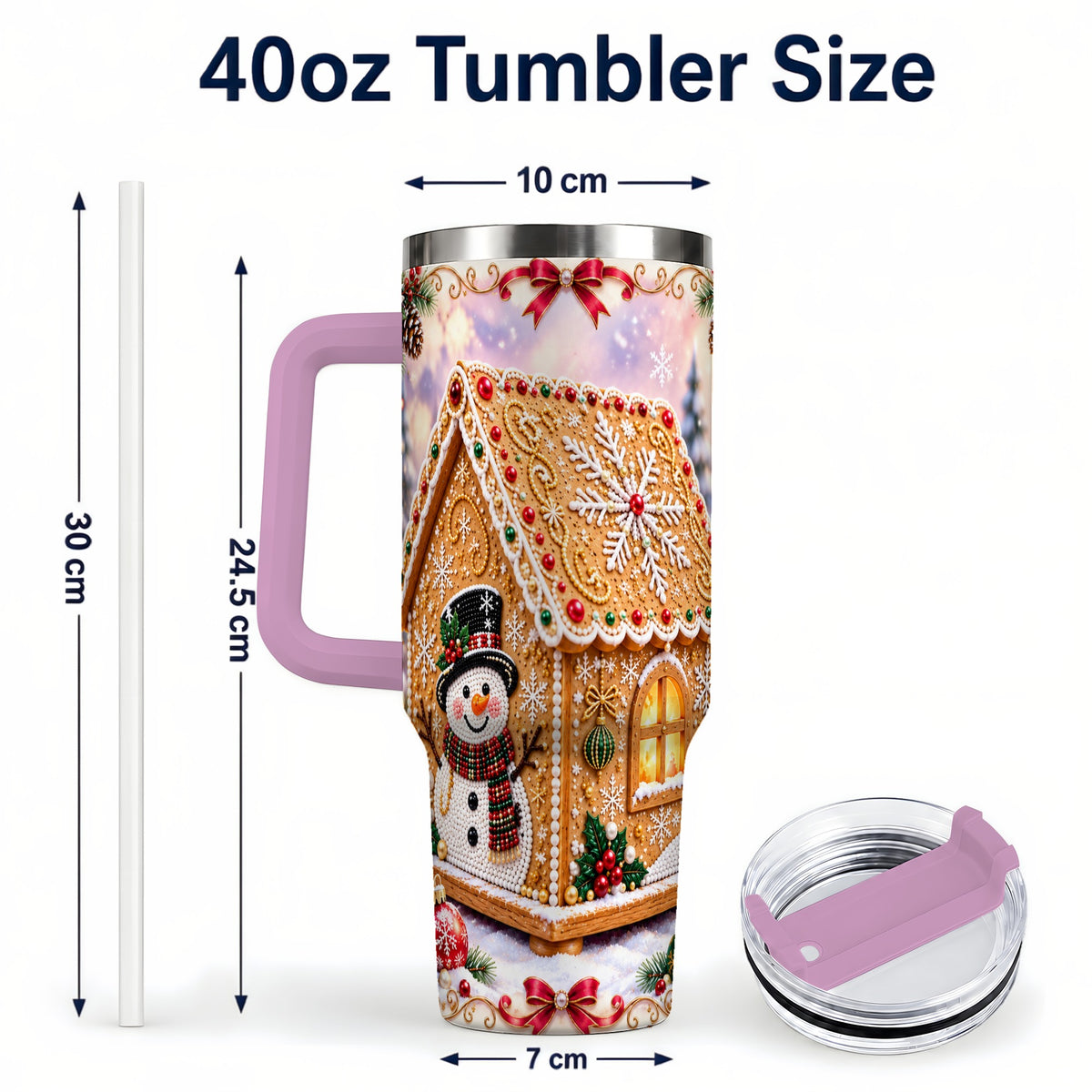 #pl[40oz|Pink] Gingerbread House 40oz Tumbler with Handle, Christmas Stainless Steel Cup
