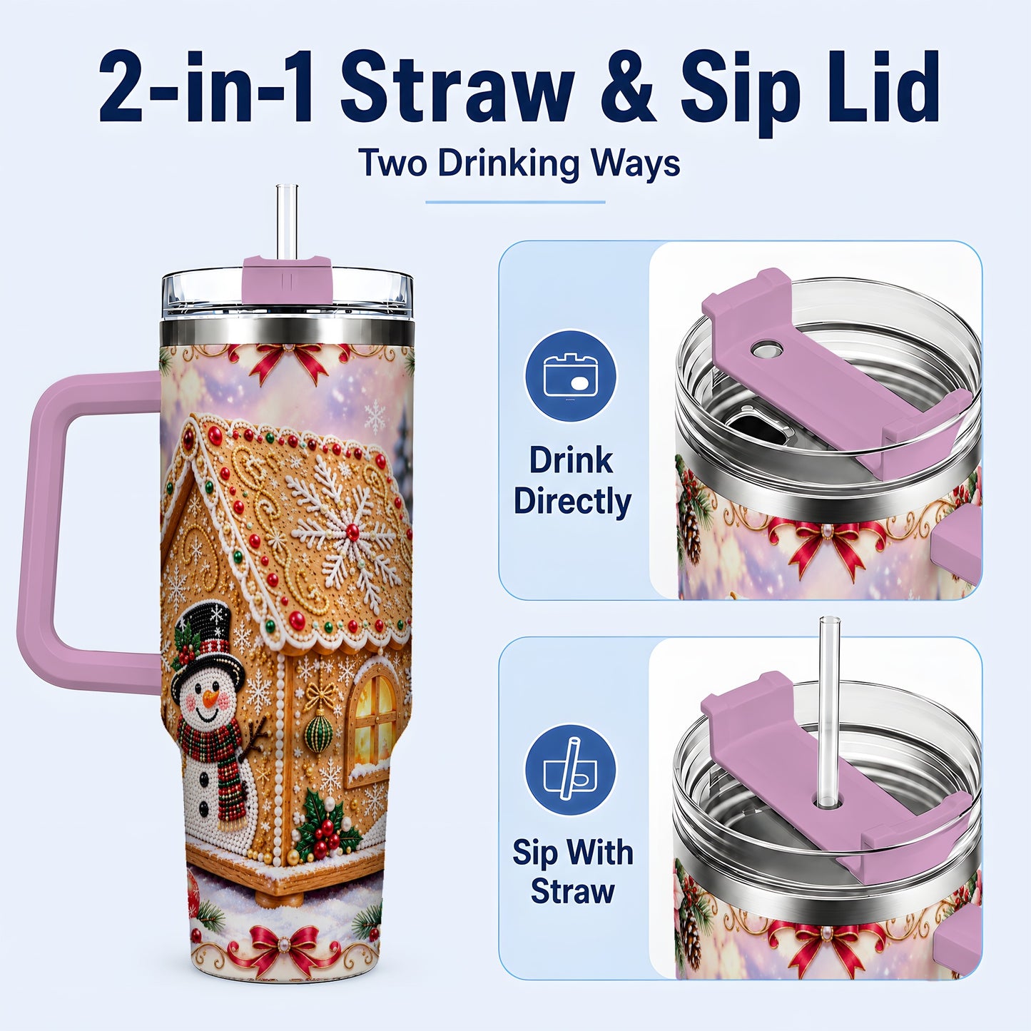 #pl[40oz|Pink] Gingerbread House 40oz Tumbler with Handle, Christmas Stainless Steel Cup