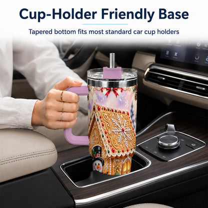 #pl[40oz|Pink] Gingerbread House 40oz Tumbler with Handle, Christmas Stainless Steel Cup