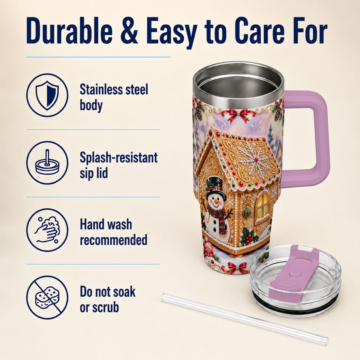 #pl[40oz|Pink] Gingerbread House 40oz Tumbler with Handle, Christmas Stainless Steel Cup