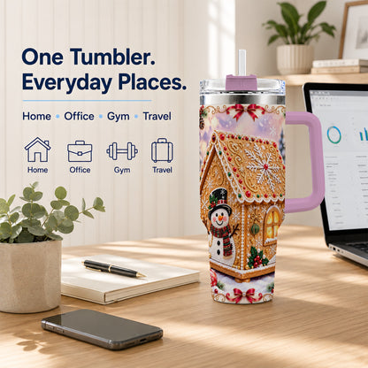 #pl[40oz|Pink] Gingerbread House 40oz Tumbler with Handle, Christmas Stainless Steel Cup