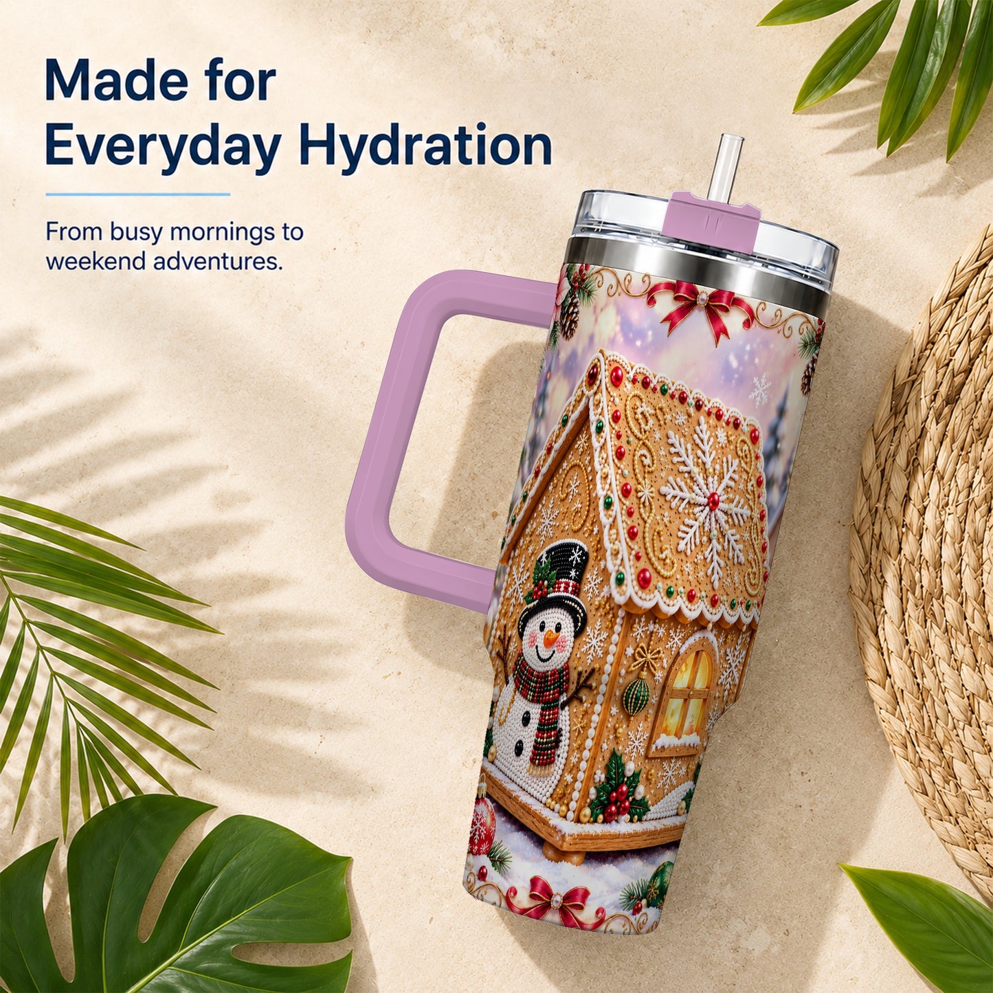 #pl[40oz|Pink] Gingerbread House 40oz Tumbler with Handle, Christmas Stainless Steel Cup