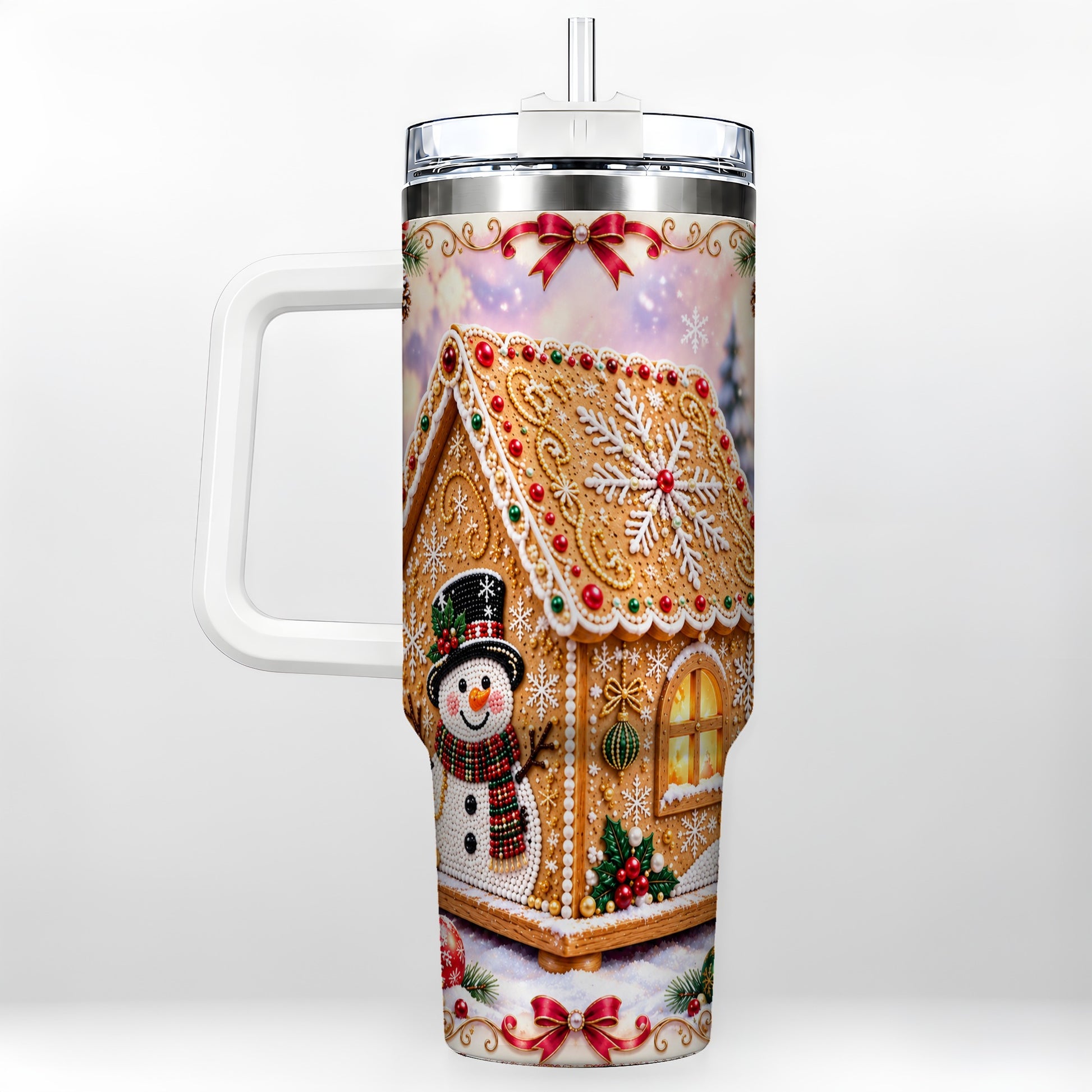 Gingerbread House 40oz Tumbler with Handle, Christmas Stainless Steel Cup