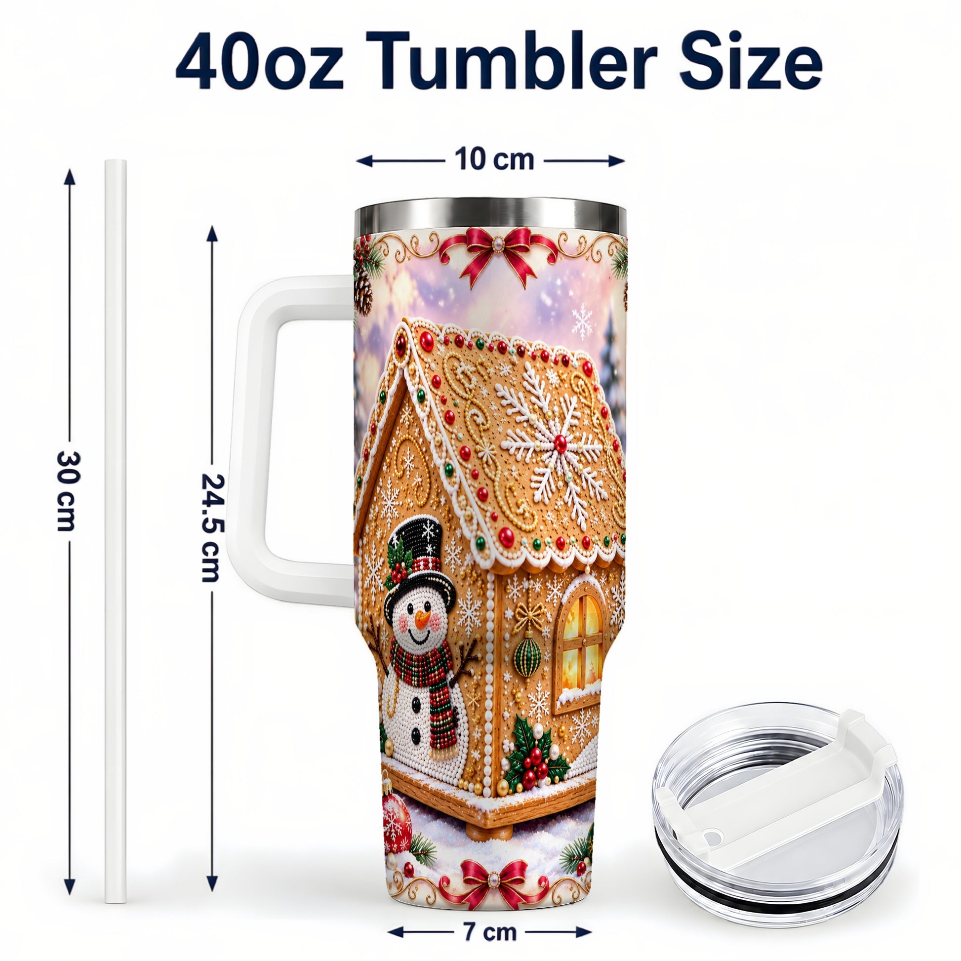 #pl[40oz|White] Gingerbread House 40oz Tumbler with Handle, Christmas Stainless Steel Cup