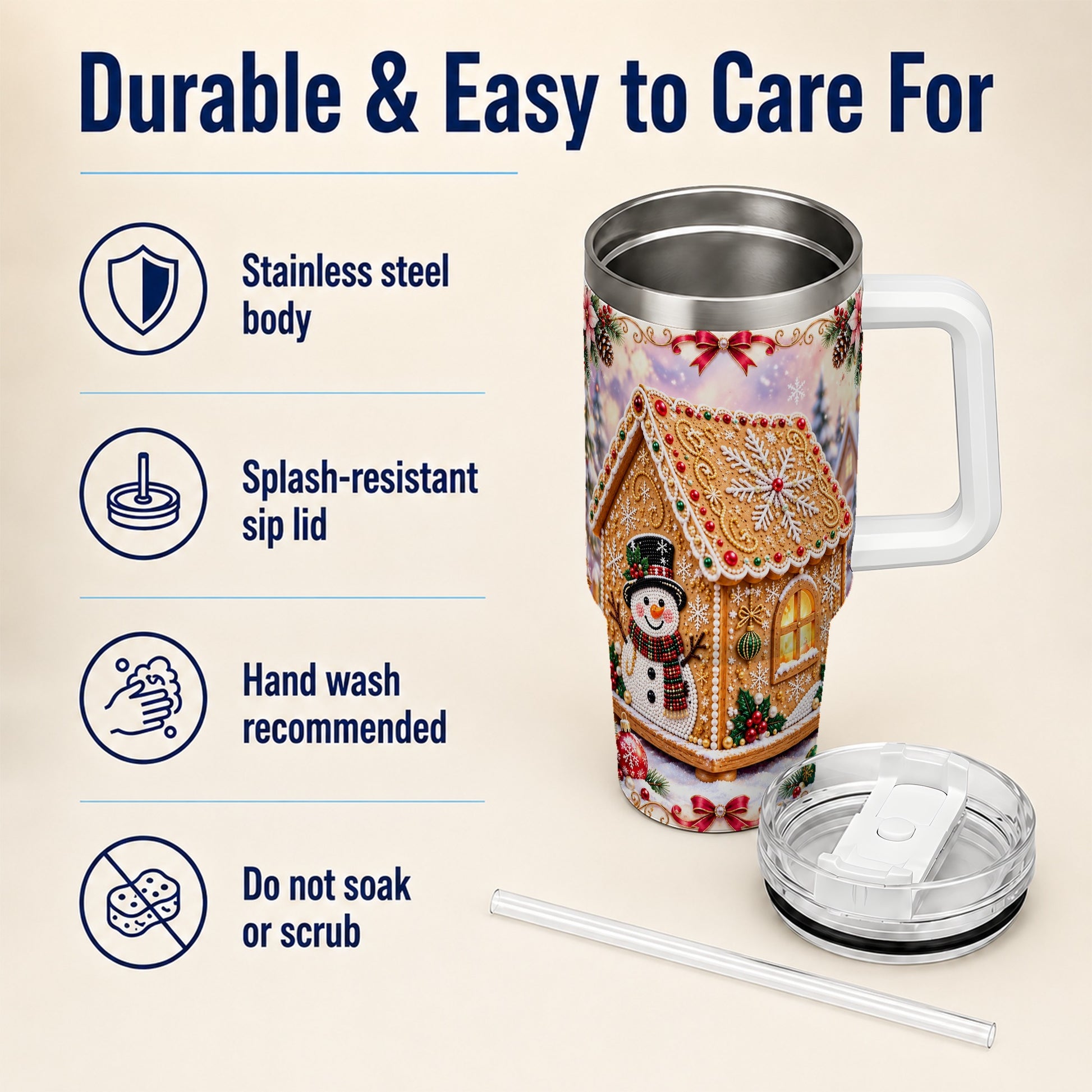 #pl[40oz|White] Gingerbread House 40oz Tumbler with Handle, Christmas Stainless Steel Cup