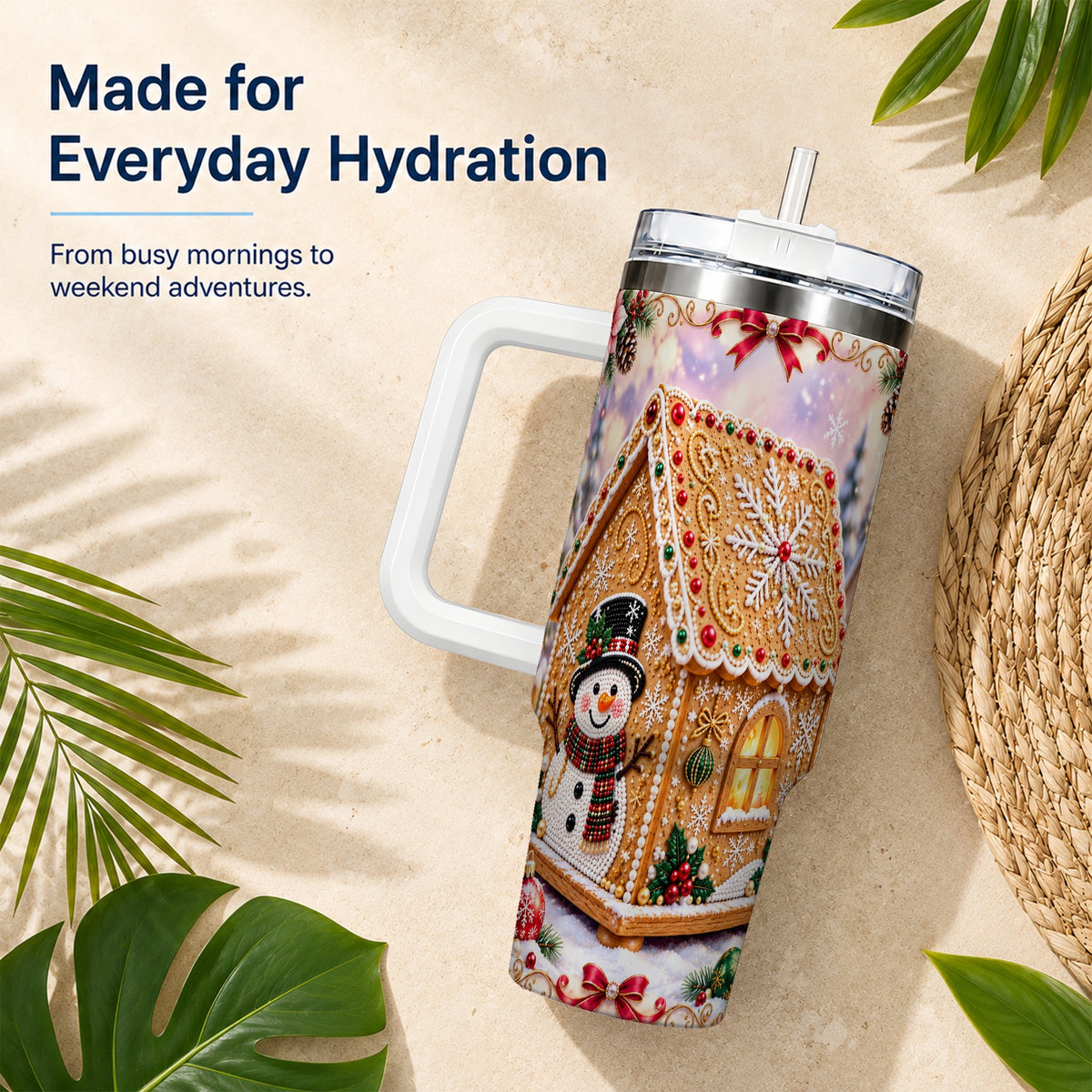 #pl[40oz|White] Gingerbread House 40oz Tumbler with Handle, Christmas Stainless Steel Cup