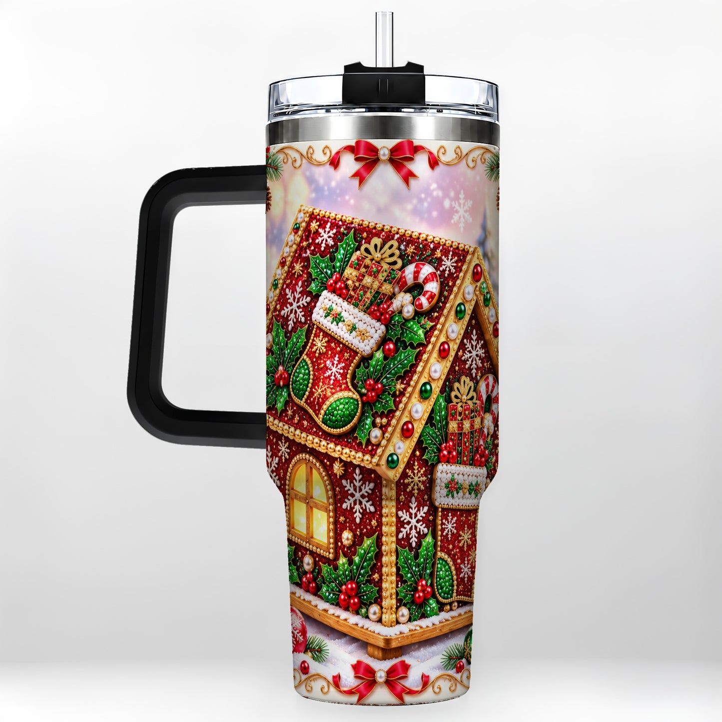 #pl[40oz|Black] Gingerbread House 40oz Tumbler with Handle, Holiday Stainless Steel Cup