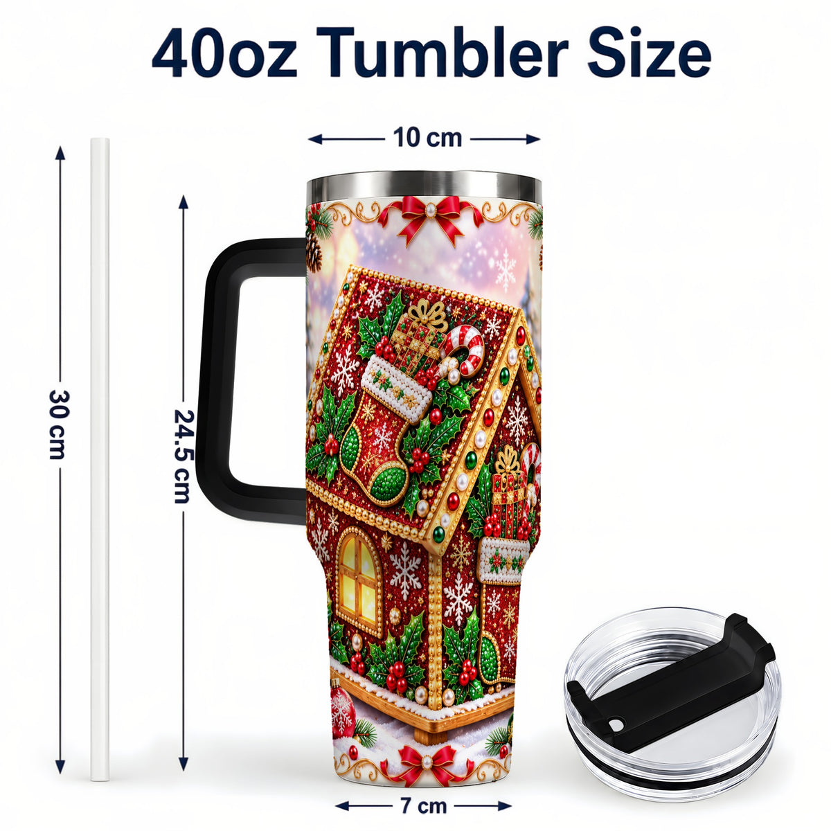 #pl[40oz|Black] Gingerbread House 40oz Tumbler with Handle, Holiday Stainless Steel Cup