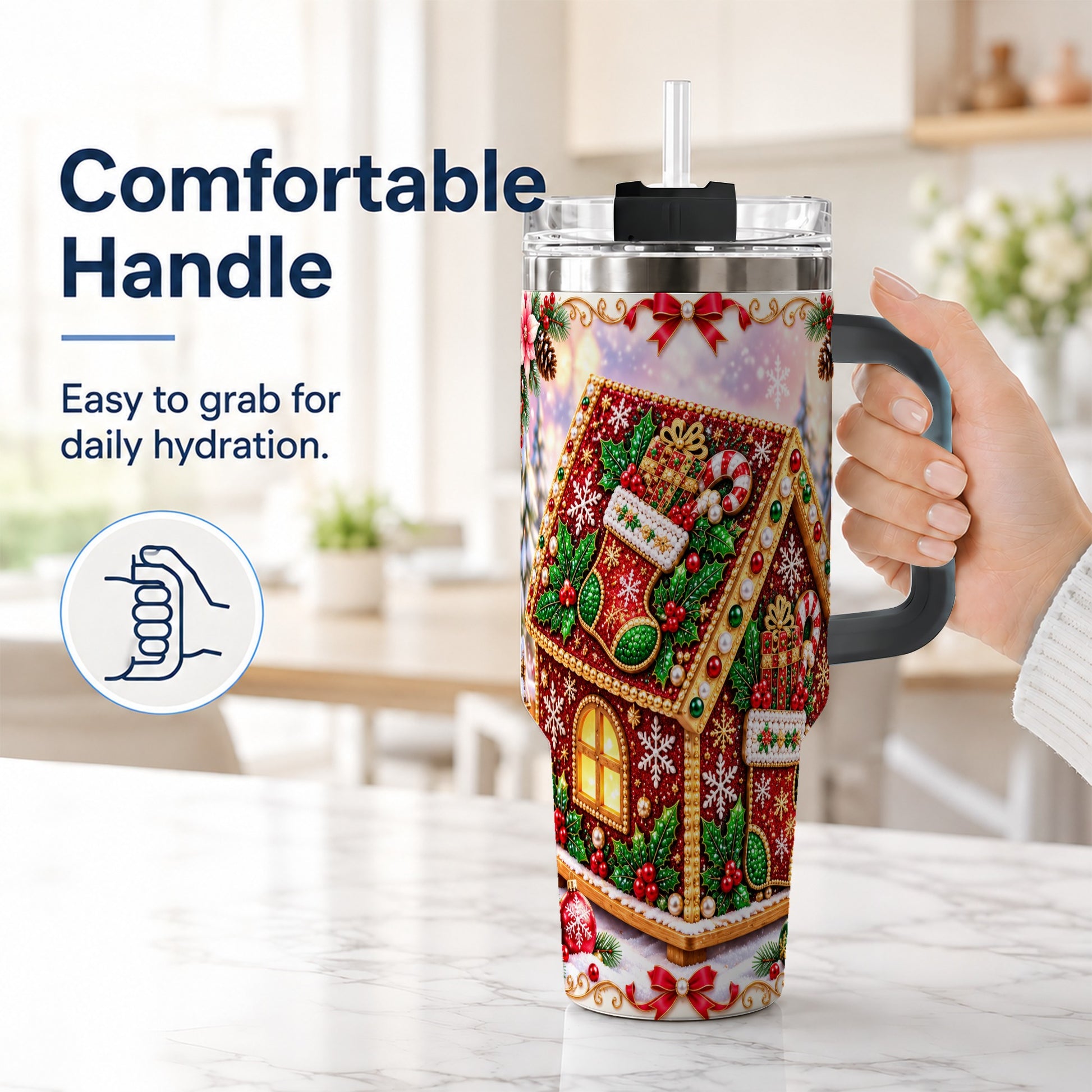 #pl[40oz|Black] Gingerbread House 40oz Tumbler with Handle, Holiday Stainless Steel Cup