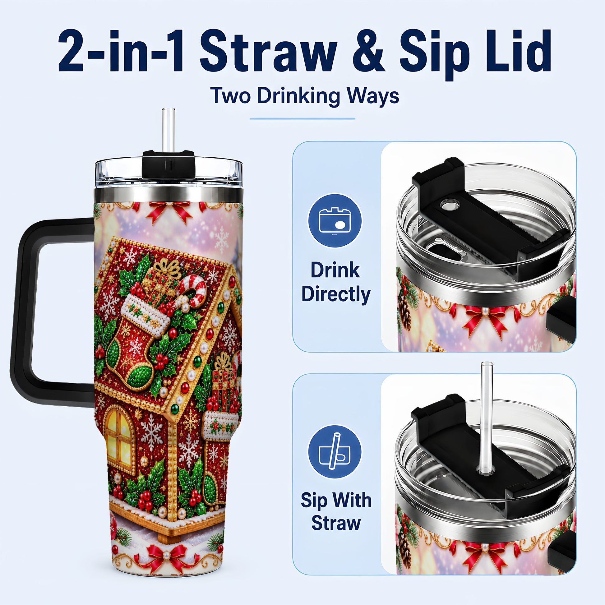 #pl[40oz|Black] Gingerbread House 40oz Tumbler with Handle, Holiday Stainless Steel Cup