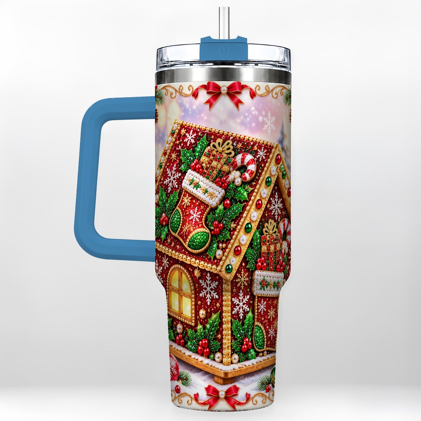 #pl[40oz|Blue] Gingerbread House 40oz Tumbler with Handle, Holiday Stainless Steel Cup