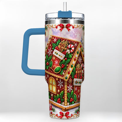 #pl[40oz|Blue] Gingerbread House 40oz Tumbler with Handle, Holiday Stainless Steel Cup