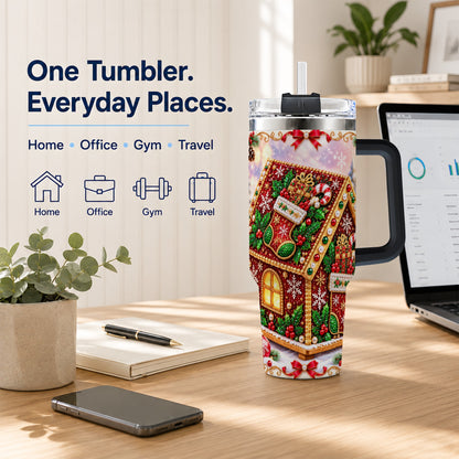 #pl[40oz|Black] Gingerbread House 40oz Tumbler with Handle, Holiday Stainless Steel Cup