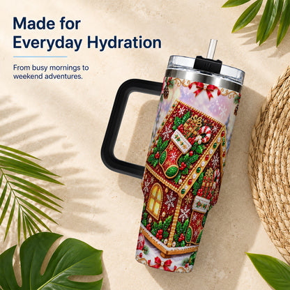 #pl[40oz|Black] Gingerbread House 40oz Tumbler with Handle, Holiday Stainless Steel Cup
